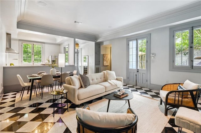 living room with crown molding and a healthy amount of sunlight