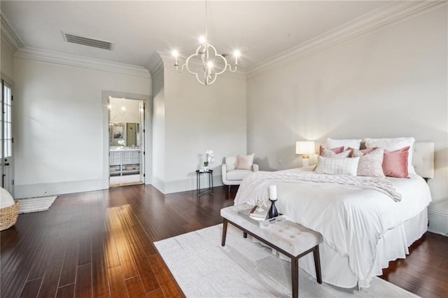 bedroom with crown molding, dark hardwood / wood-style flooring, and an inviting chandelier