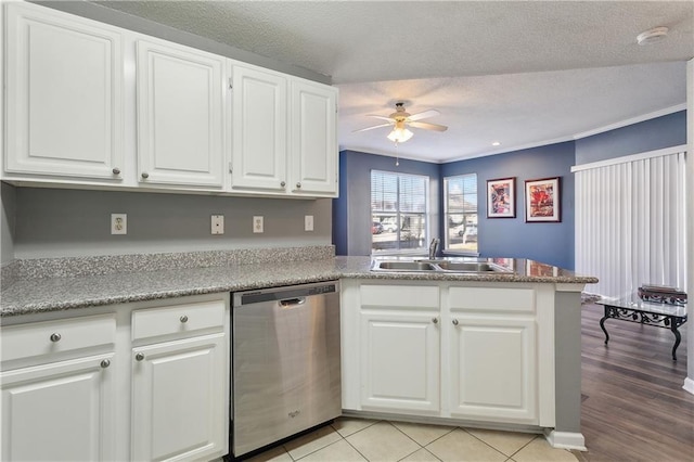 kitchen featuring sink, white cabinets, stainless steel dishwasher, ceiling fan, and kitchen peninsula