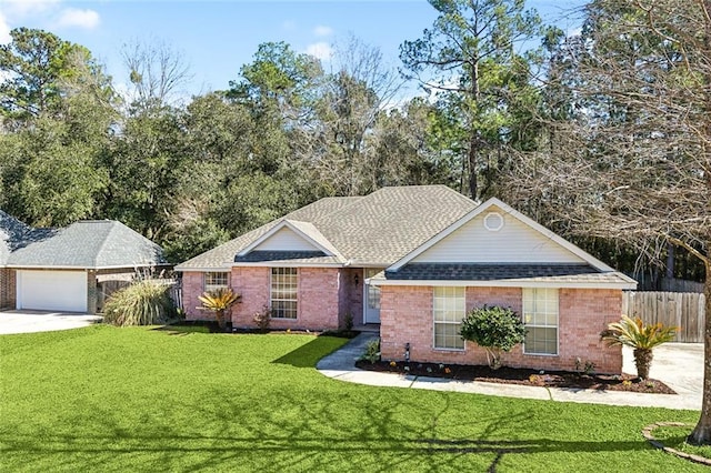 ranch-style house featuring a garage and a front yard