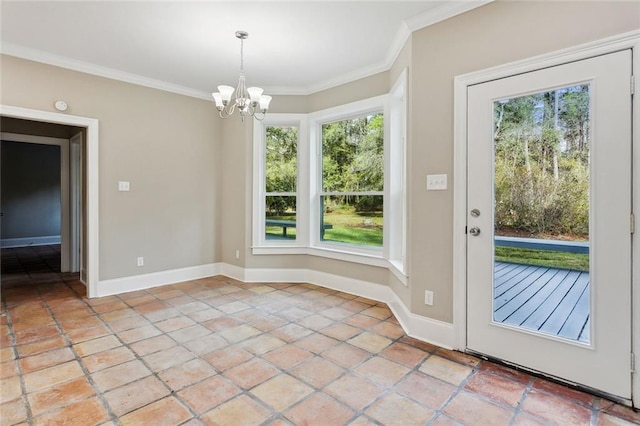 entryway featuring crown molding, a wealth of natural light, and an inviting chandelier