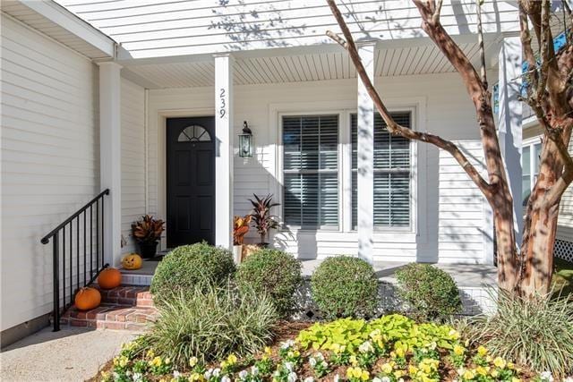 view of exterior entry featuring covered porch