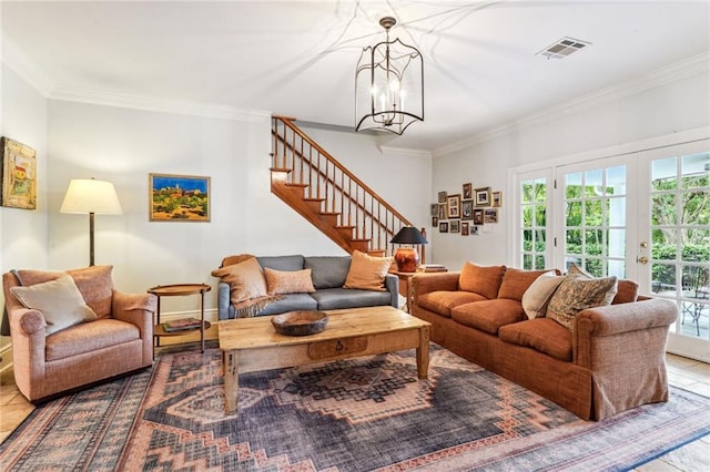 tiled living room with french doors, ornamental molding, and a notable chandelier