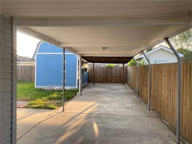 view of patio featuring a shed