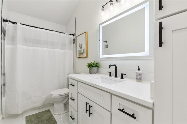 bathroom with walk in shower, vanity, toilet, and tile patterned flooring