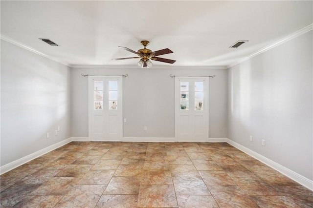 entryway with plenty of natural light, ornamental molding, and ceiling fan