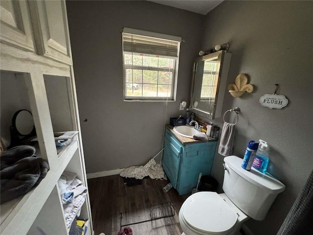 bathroom featuring vanity, wood-type flooring, and toilet