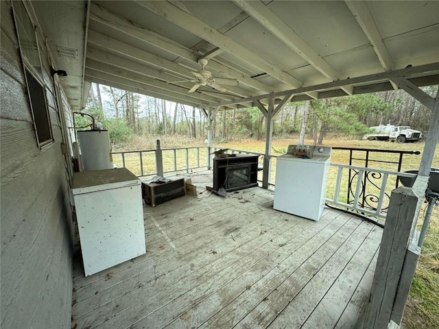 deck with washer / clothes dryer, ceiling fan, and water heater