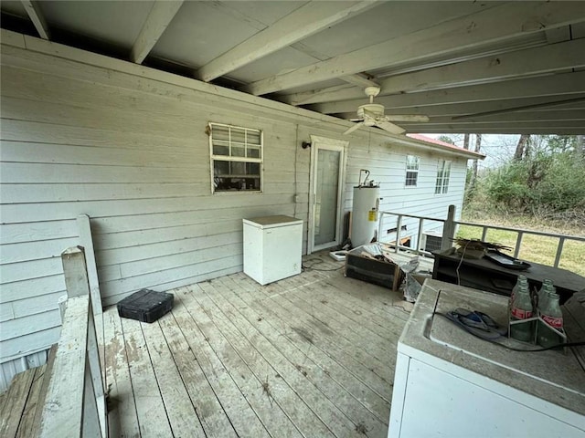 wooden terrace with ceiling fan and gas water heater