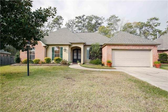 ranch-style house with a garage and a front lawn