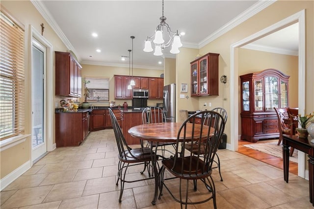 tiled dining room featuring ornamental molding and a notable chandelier