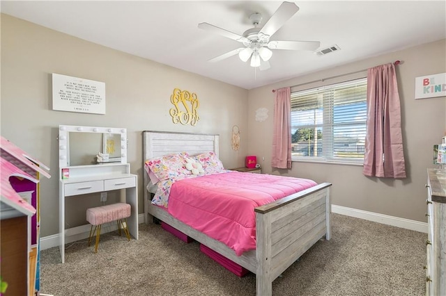 bedroom with ceiling fan and carpet