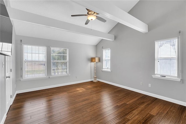 unfurnished room with vaulted ceiling with beams, dark wood-type flooring, and ceiling fan