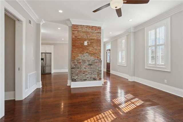 unfurnished living room with crown molding, dark hardwood / wood-style floors, and ceiling fan