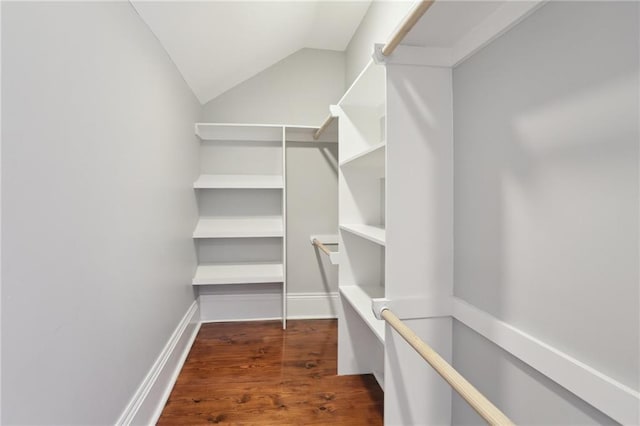 walk in closet featuring lofted ceiling and dark hardwood / wood-style flooring