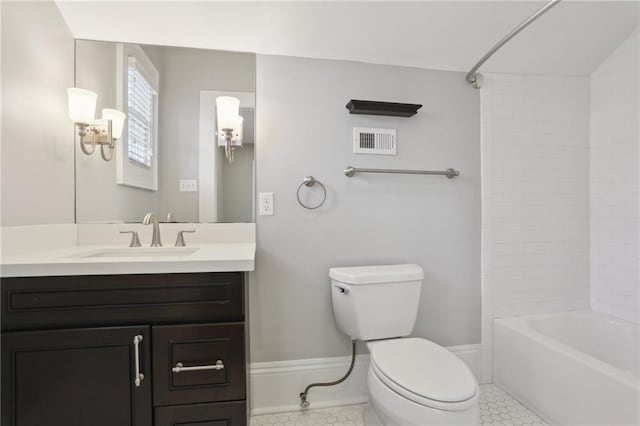 full bathroom featuring tile patterned flooring, vanity, bathtub / shower combination, and toilet