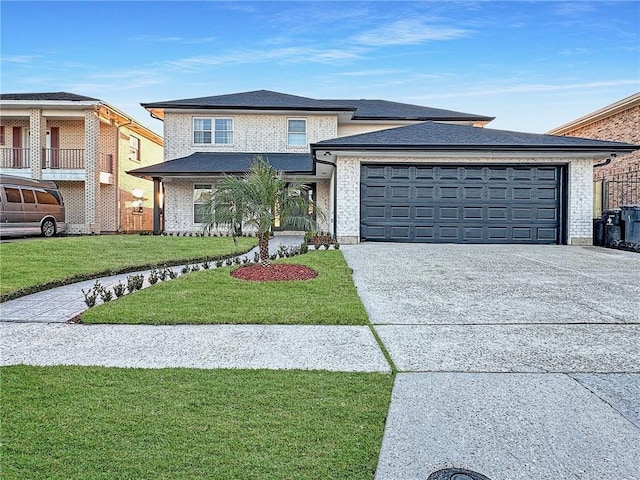 view of front of house with a garage and a front lawn