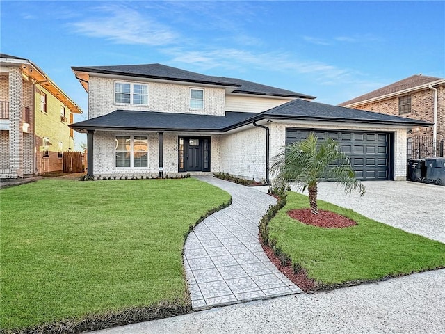 view of front facade with a garage and a front lawn