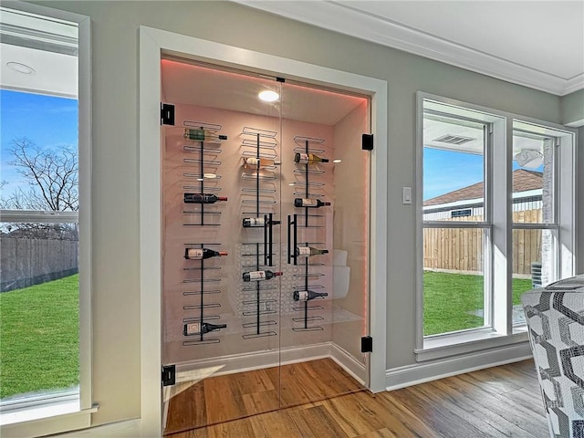 wine room with a wealth of natural light, ornamental molding, and hardwood / wood-style floors