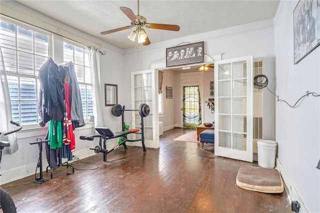 exercise area featuring plenty of natural light, ceiling fan, and french doors