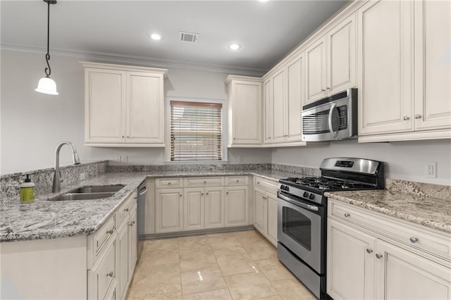 kitchen featuring sink, crown molding, stainless steel appliances, light stone countertops, and decorative light fixtures