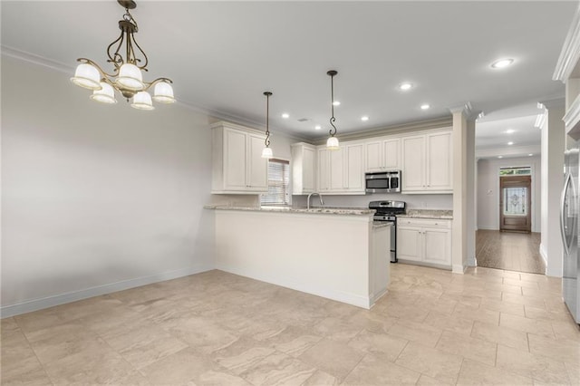 kitchen featuring white cabinetry, appliances with stainless steel finishes, kitchen peninsula, and decorative light fixtures