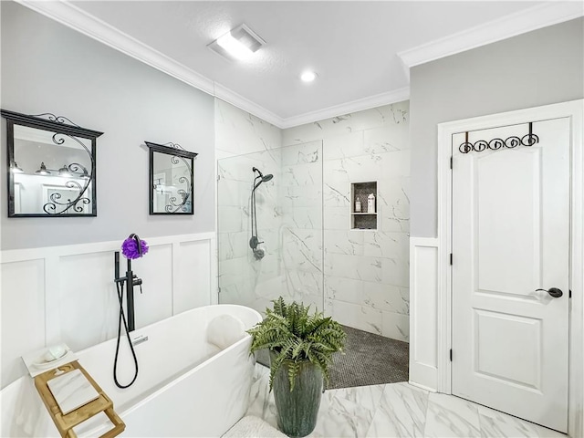 bathroom featuring ornamental molding and plus walk in shower