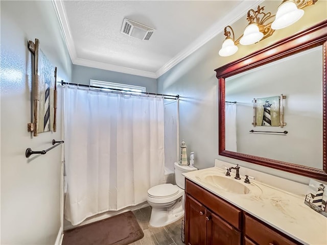 full bathroom featuring crown molding, vanity, shower / bath combination with curtain, and hardwood / wood-style flooring