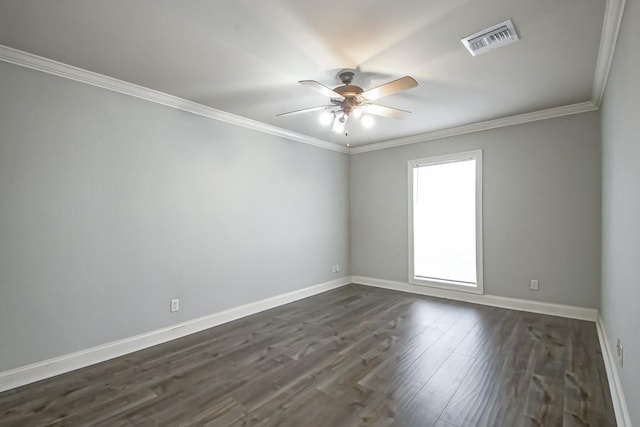 unfurnished room with ceiling fan, ornamental molding, and dark hardwood / wood-style floors