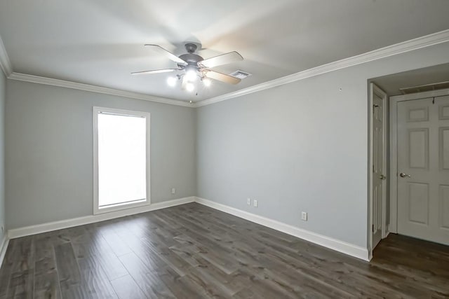 unfurnished room featuring ornamental molding, dark hardwood / wood-style floors, and ceiling fan