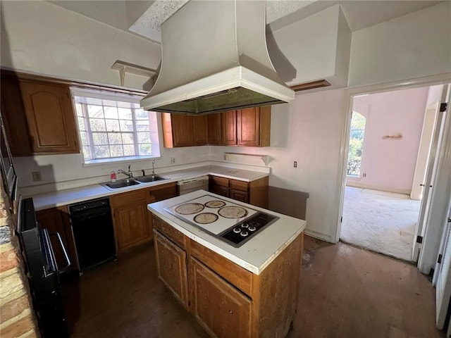 kitchen with a kitchen island, white electric cooktop, island range hood, dishwasher, and sink