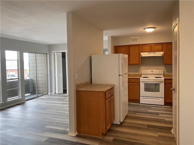 kitchen with dark wood-type flooring and white appliances