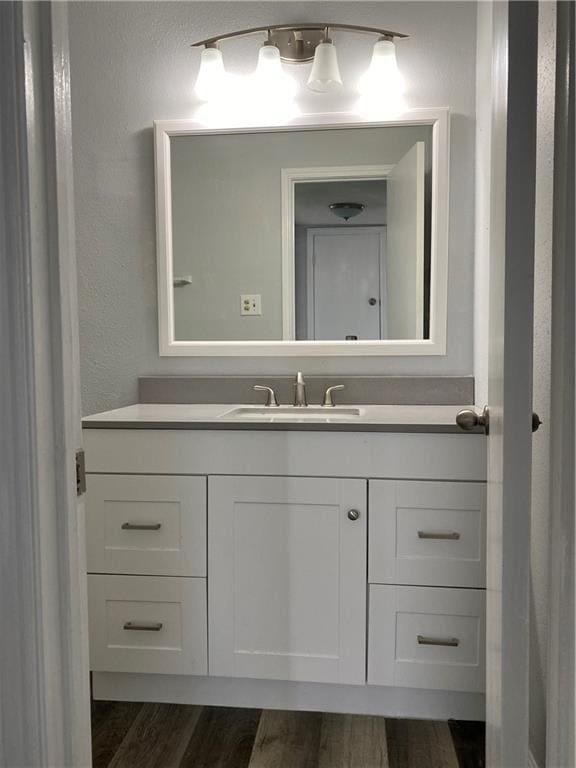 bathroom with vanity and wood-type flooring