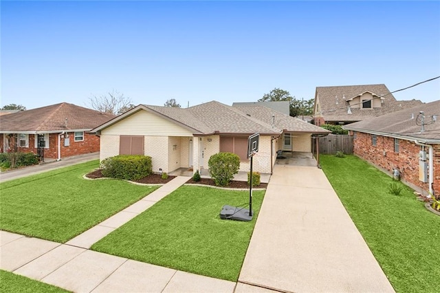 ranch-style home with brick siding, roof with shingles, fence, and a front yard