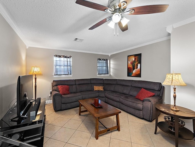 tiled living room with ceiling fan, crown molding, and a textured ceiling