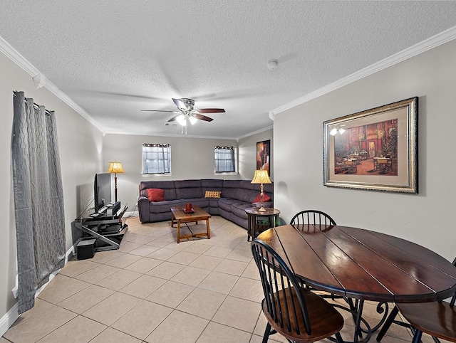 living room featuring ornamental molding, a textured ceiling, and light tile patterned floors