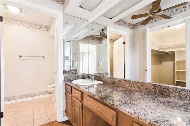 bathroom with ceiling fan, tile patterned floors, toilet, and vanity