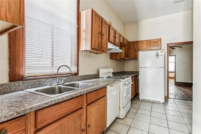 kitchen with sink, white appliances, light tile patterned floors, and ceiling fan