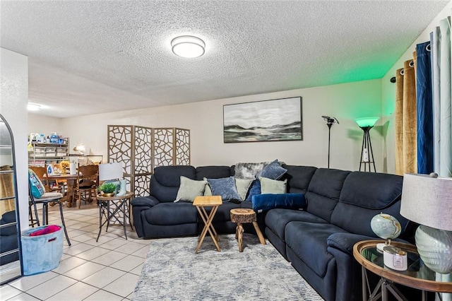 tiled living room with a textured ceiling