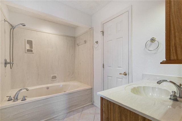 bathroom featuring shower / tub combination, vanity, and tile patterned flooring