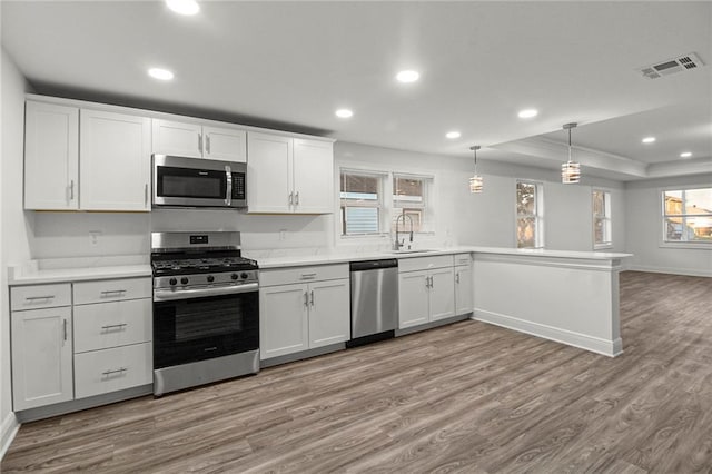 kitchen featuring pendant lighting, stainless steel appliances, and white cabinets