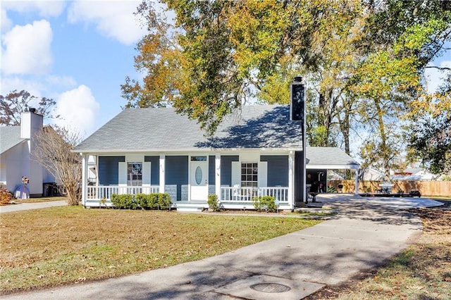 view of front facade featuring a porch, a carport, and a front lawn