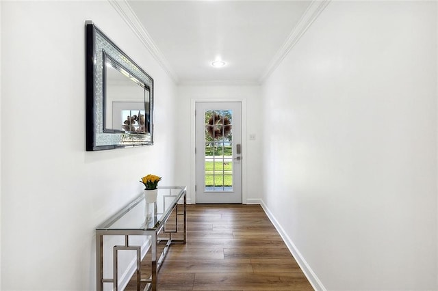 entryway featuring crown molding and dark hardwood / wood-style floors