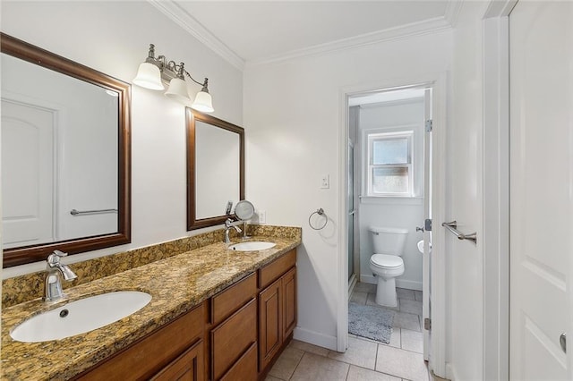 bathroom with vanity, tile patterned flooring, crown molding, and toilet