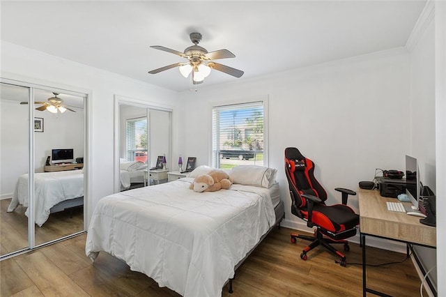 bedroom featuring multiple closets, ornamental molding, hardwood / wood-style floors, and ceiling fan