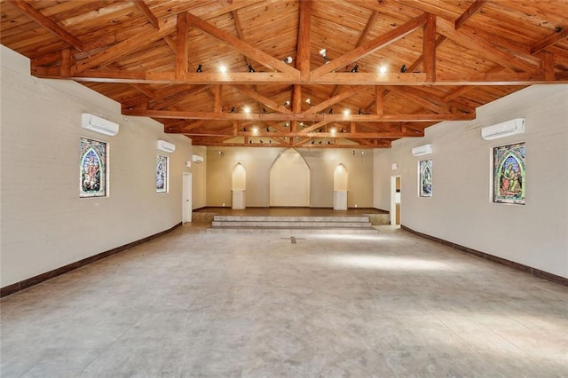 garage featuring a wall mounted air conditioner and wooden ceiling