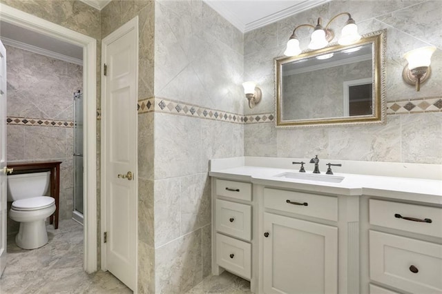 bathroom featuring walk in shower, toilet, crown molding, tile walls, and vanity