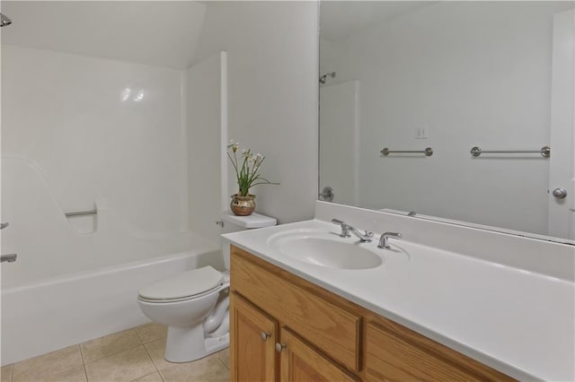 full bathroom with shower / tub combination, tile patterned floors, toilet, and vanity