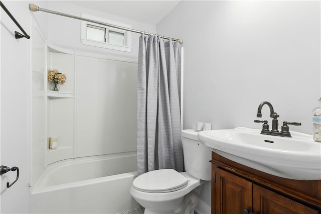 full bathroom featuring vanity, shower / tub combo with curtain, and toilet