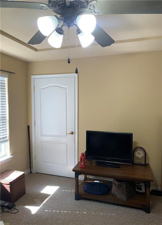 miscellaneous room featuring ceiling fan and carpet